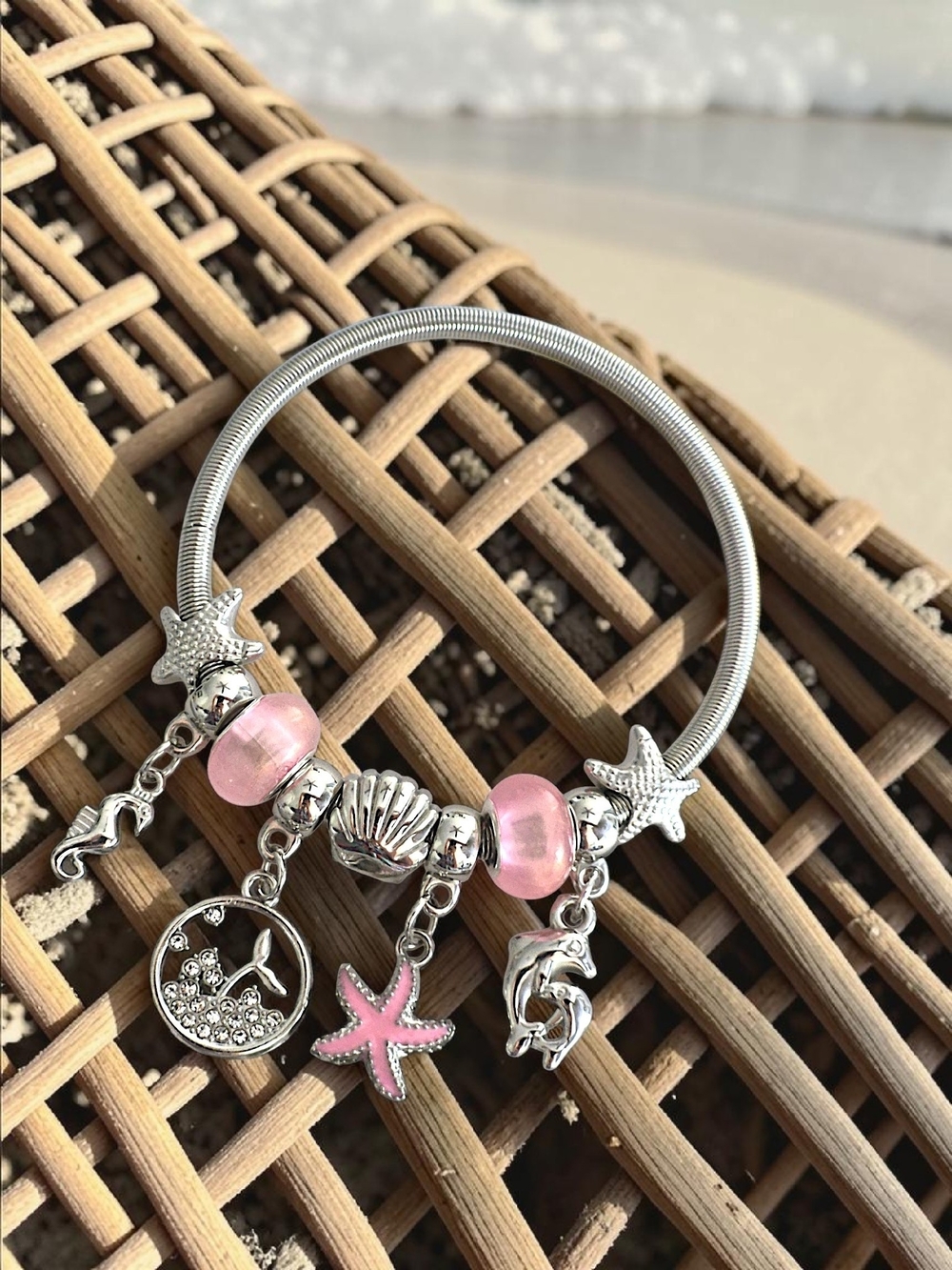 Silver Ocean Charm Bracelet with Pink Starfish